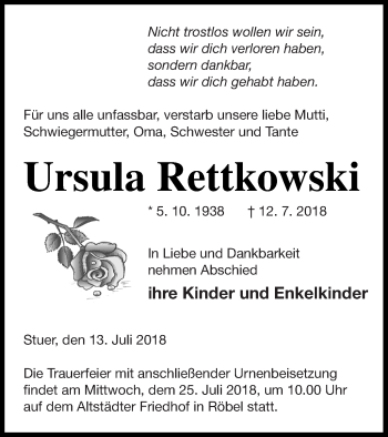 Traueranzeige von Ursula Rettkowski von Müritz-Zeitung