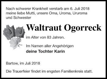 Traueranzeige von Waltraut Ogorreck von Neubrandenburger Zeitung