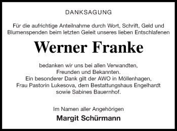 Traueranzeige von Werner Franke von Müritz-Zeitung