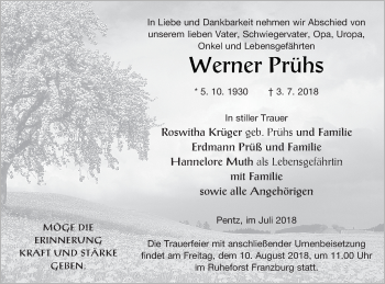 Traueranzeige von Werner Prühs von Demminer Zeitung