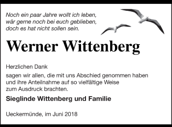 Traueranzeige von Werner Wittenberg von Haff-Zeitung