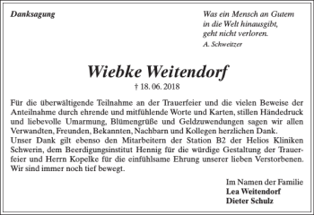 Traueranzeige von Wiebke Weitendorf von Zeitung für die Landeshauptstadt