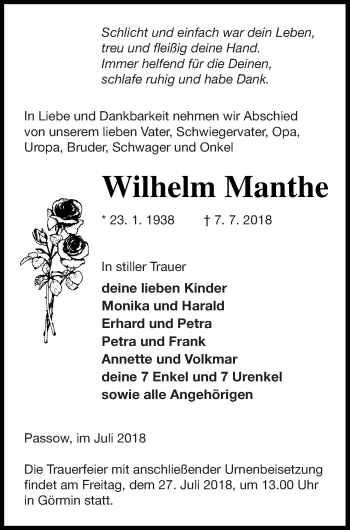 Traueranzeige von Wilhelm Manthe von Vorpommern Kurier