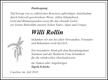 Traueranzeige von Willi Rollin von Pasewalker Zeitung