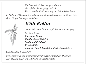 Traueranzeige von Willi Rollin von Pasewalker Zeitung