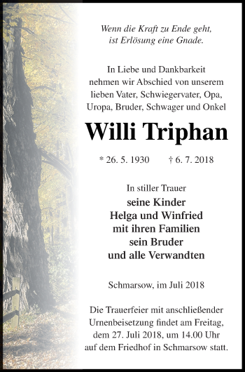 Traueranzeige von Willi Triphan von Vorpommern Kurier