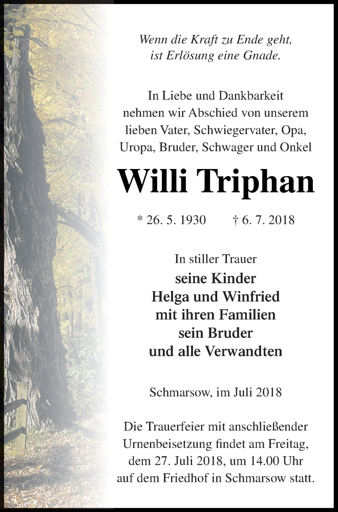  Traueranzeige für Willi Triphan vom 13.07.2018 aus Vorpommern Kurier