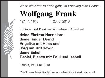 Traueranzeige von Wolfgang Frank von Neubrandenburger Zeitung