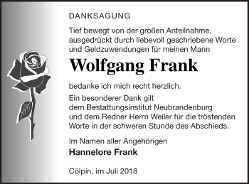 Traueranzeige von Wolfgang Frank von Neubrandenburger Zeitung