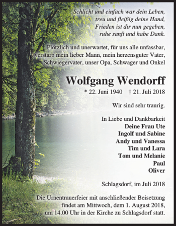 Traueranzeige von Wolfgang Wendorff von Gadebusch-Rehnaer Zeitung