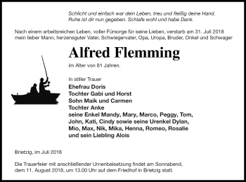 Traueranzeige von Alfred Flemming von Haff-Zeitung