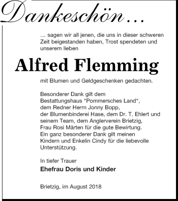 Traueranzeige von Alfred Flemming von Pasewalker Zeitung