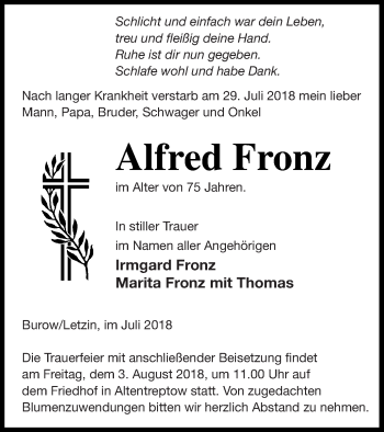 Traueranzeige von Alfred Fronz von Neubrandenburger Zeitung