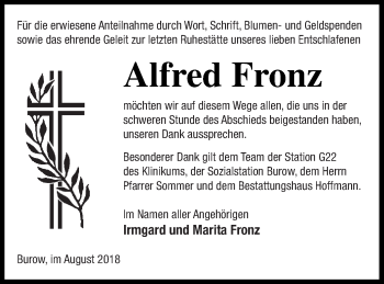 Traueranzeige von Alfred Fronz von Neubrandenburger Zeitung