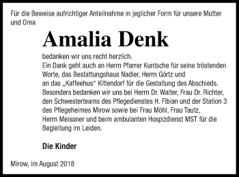 Traueranzeige von Amalia Denk von Strelitzer Zeitung