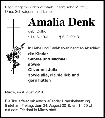 Traueranzeige von Amalia Denk von Strelitzer Zeitung