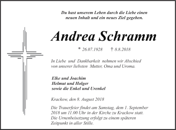 Traueranzeige von Andrea Schramm von Pasewalker Zeitung