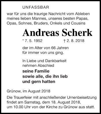 Traueranzeige von Andreas Scherk von Prenzlauer Zeitung