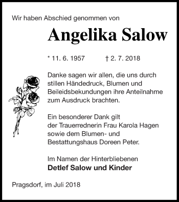 Traueranzeige von Angelika Salow von Neubrandenburger Zeitung