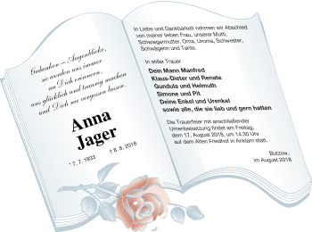 Traueranzeige von Anna Jager von Vorpommern Kurier