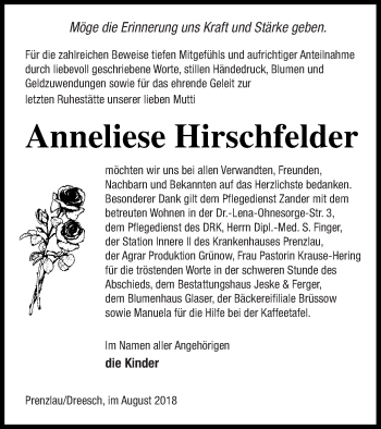 Traueranzeige von Anneliese Hirschfelder von Prenzlauer Zeitung