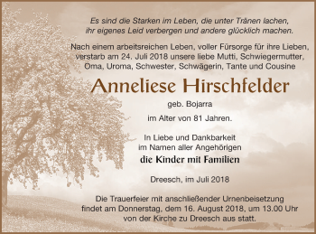 Traueranzeige von Anneliese Hirschfelder von Prenzlauer Zeitung