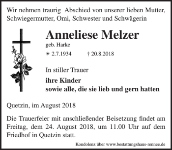 Traueranzeige von Anneliese Melzer von Zeitung für Lübz - Goldberg - Plau