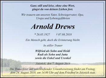 Traueranzeige von Arnold Drews von Pasewalker Zeitung