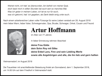 Traueranzeige von Artur Hoffmann von Templiner Zeitung