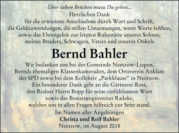 Traueranzeige von Bernd Bahler von Vorpommern Kurier