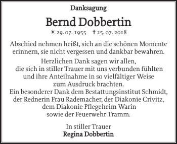 Traueranzeige von Bernd Dobbertin von Zeitung für die Landeshauptstadt