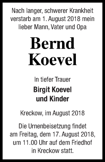 Traueranzeige von Bernd Koevel von Strelitzer Zeitung