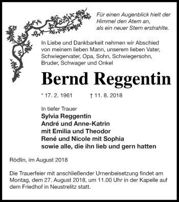 Traueranzeige von Bernd Reggentin von Strelitzer Zeitung