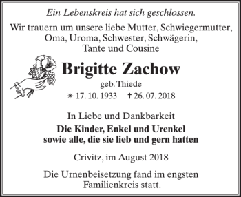 Traueranzeige von Brigitte Zachow von Zeitung für die Landeshauptstadt