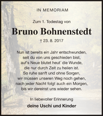 Traueranzeige von Bruno Bohnenstedt von Mecklenburger Schweiz