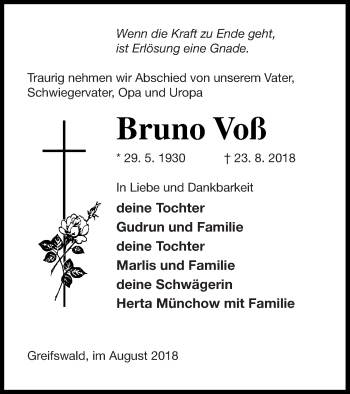 Traueranzeige von Bruno Voß von Vorpommern Kurier