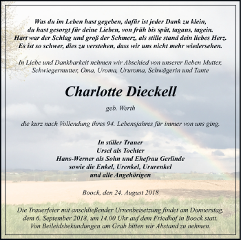 Traueranzeige von Charlotte Dieckell von Pasewalker Zeitung