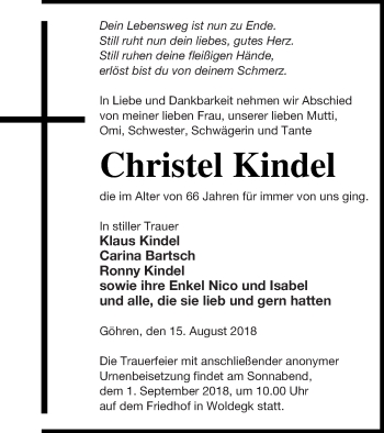 Traueranzeige von Christel Kindel von Strelitzer Zeitung