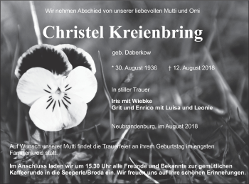 Traueranzeige von Christel Kreienbring von Neubrandenburger Zeitung