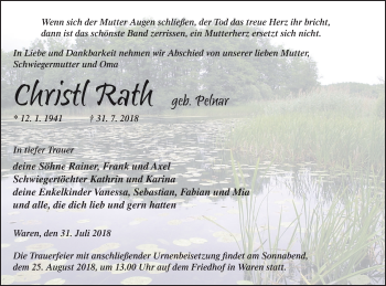 Traueranzeige von Christl Rath von Müritz-Zeitung