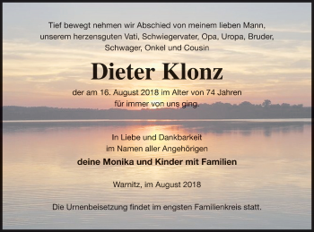 Traueranzeige von Dieter Klonz von Prenzlauer Zeitung