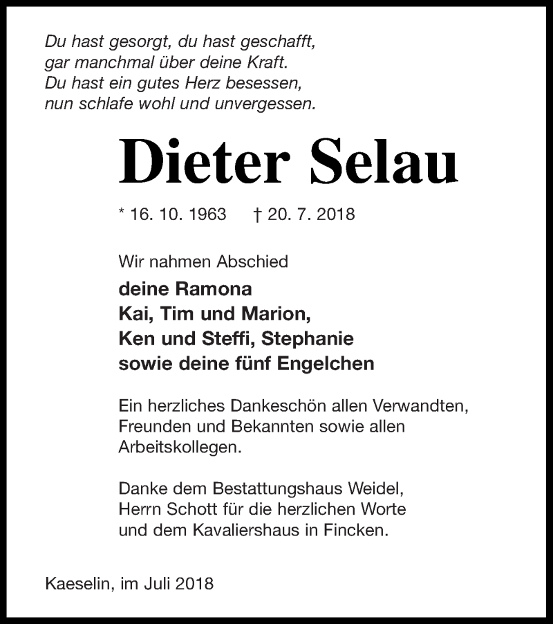  Traueranzeige für Dieter Selau vom 02.08.2018 aus Müritz-Zeitung