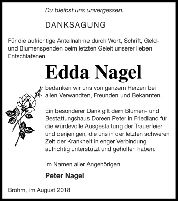 Traueranzeige von Edda Nagel von Neubrandenburger Zeitung