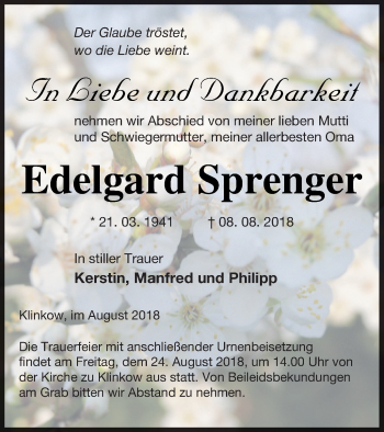 Traueranzeige von Edelgard Sprenger von Prenzlauer Zeitung