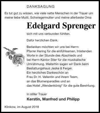 Traueranzeige von Edelgard Sprenger von Prenzlauer Zeitung