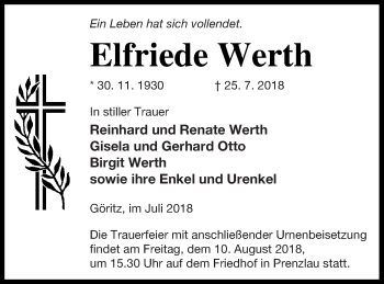 Traueranzeige von Elfriede Werth von Prenzlauer Zeitung