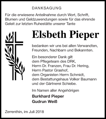 Traueranzeige von Elsbeth Pieper von Pasewalker Zeitung