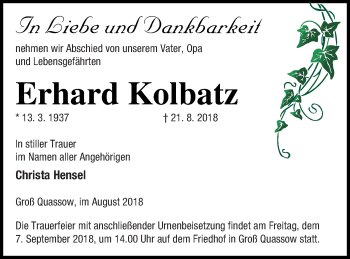 Traueranzeige von Erhard Kolbatz von Strelitzer Zeitung