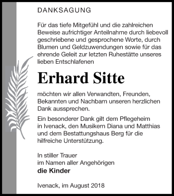 Traueranzeige von Erhard Sitte von Mecklenburger Schweiz