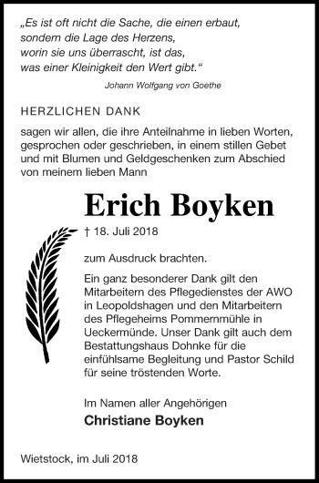 Traueranzeige von Erich Boyken von Haff-Zeitung